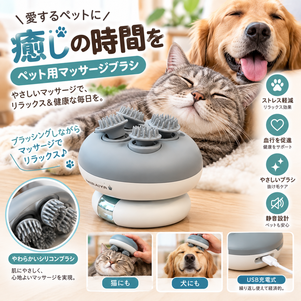 ペット用マッサージブラシ｜癒しのリラックスタイム