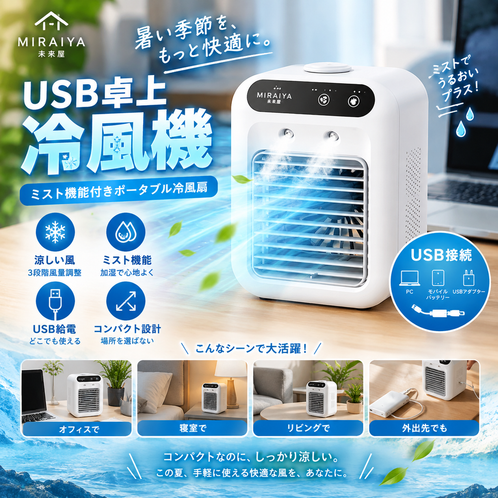 家庭用ポータブル扇風機｜ミスト加湿機能付きUSB卓上ファン